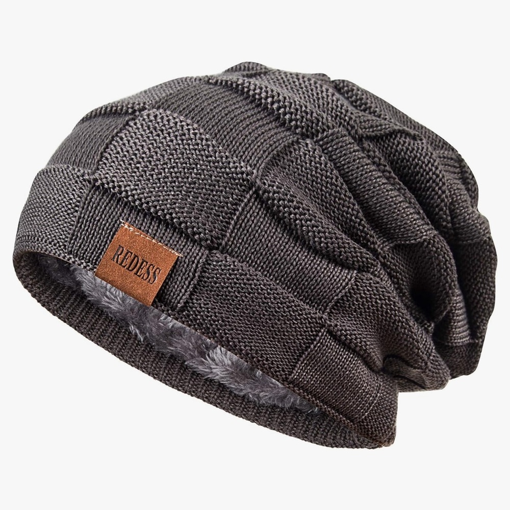 REDESS Basket Weave Faux Fur Lined Slouchy Heather Charcoal Gray Knit Beanie